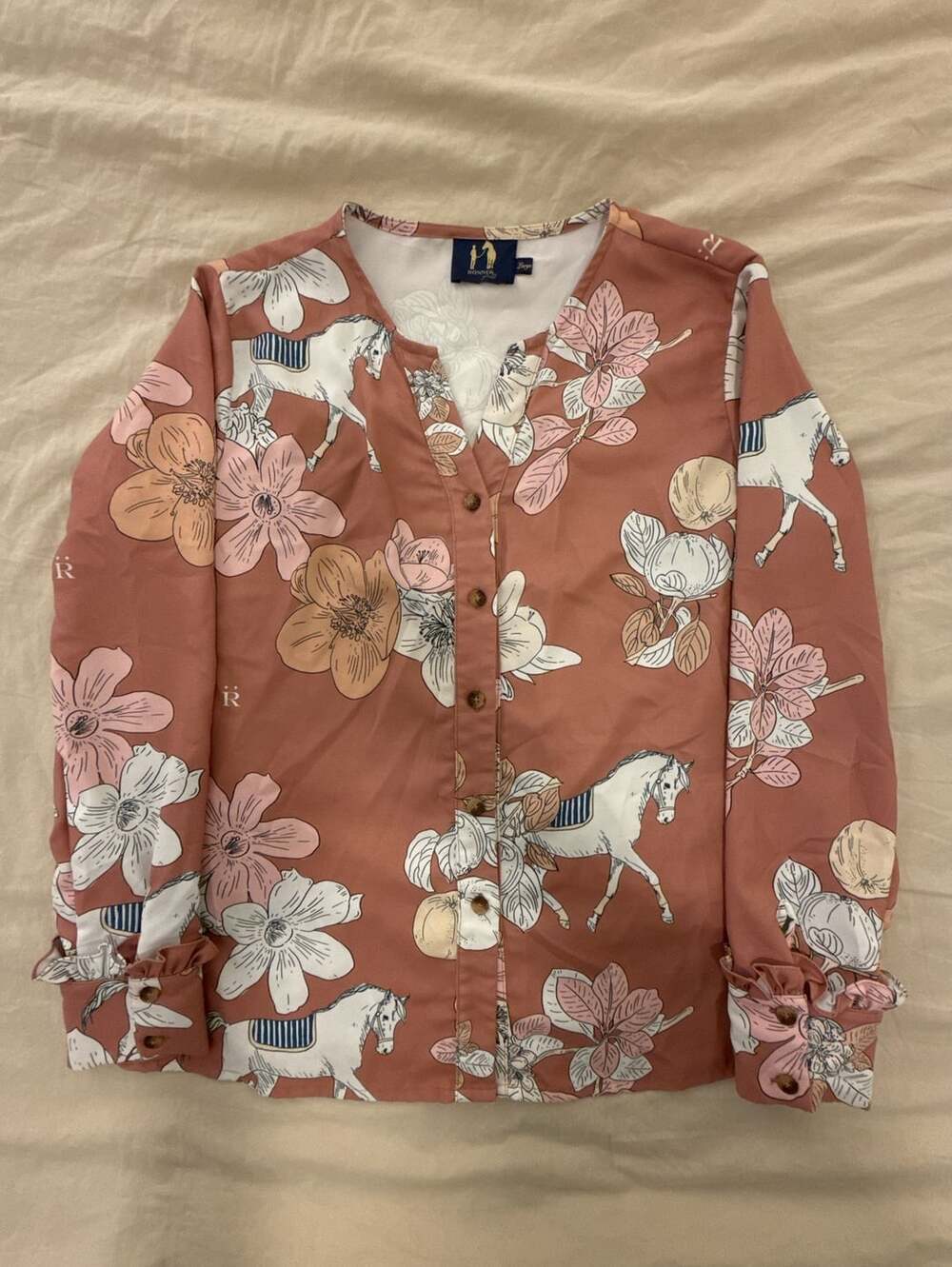 Rönner Purat Floral and Horse Print Long Sleeve Button-Up Blouse